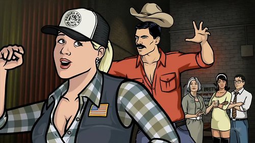 A cartoon woman in a patriotic vest and cap gestures angrily while a man in a cowboy hat raises his hand behind her. In the…