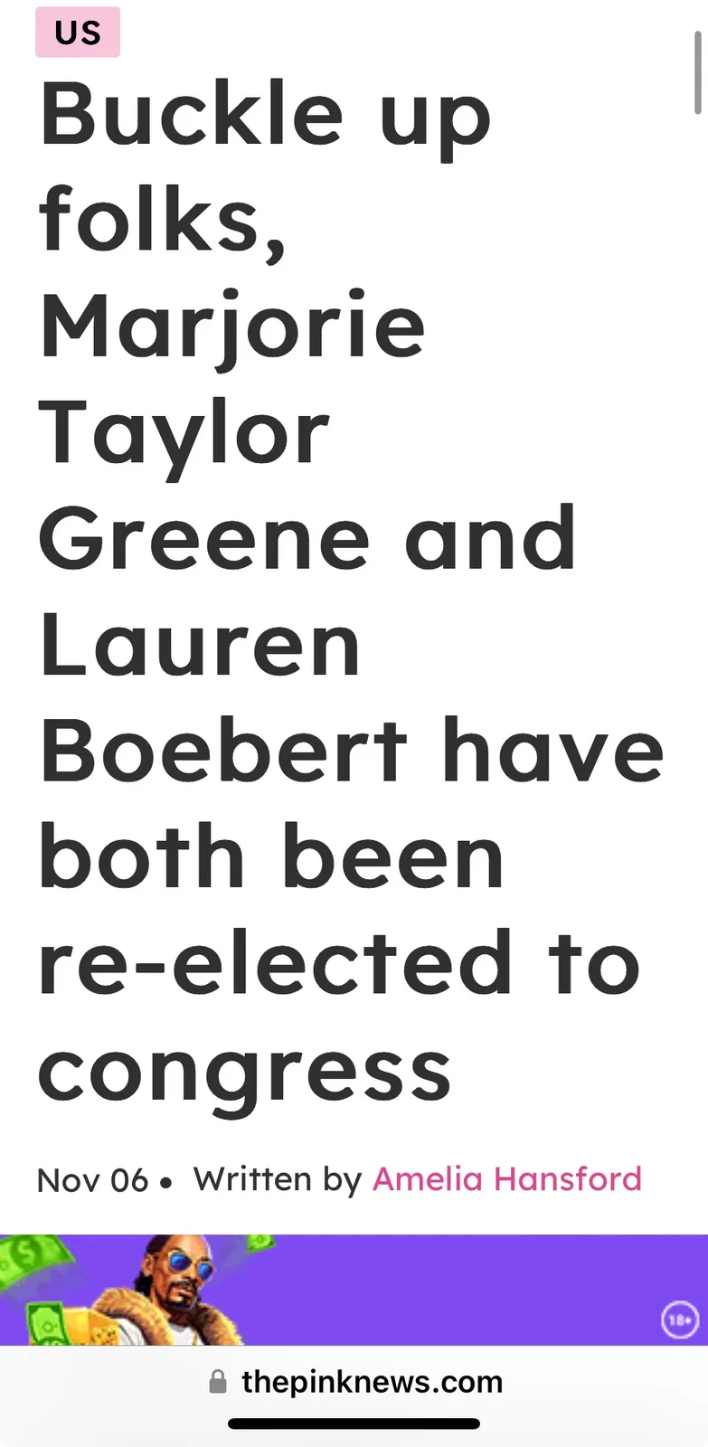 A screenshot of a news article from thepinknews.com with a headline stating 'Buckle up folks, Marjorie Taylor Greene and…