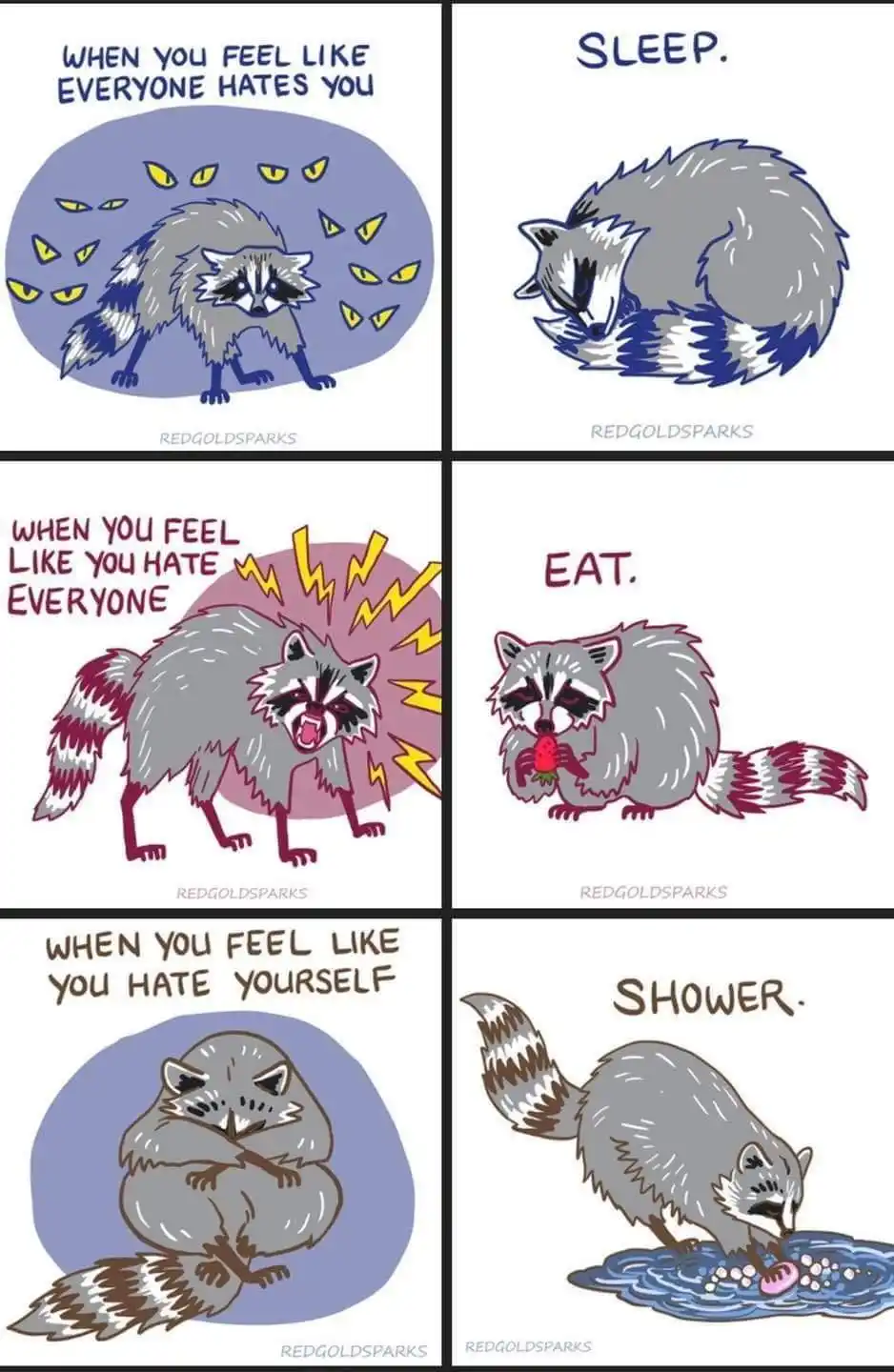 A six-panel comic strip featuring a cartoon raccoon in three emotional states. In the first panel, the raccoon looks scared…