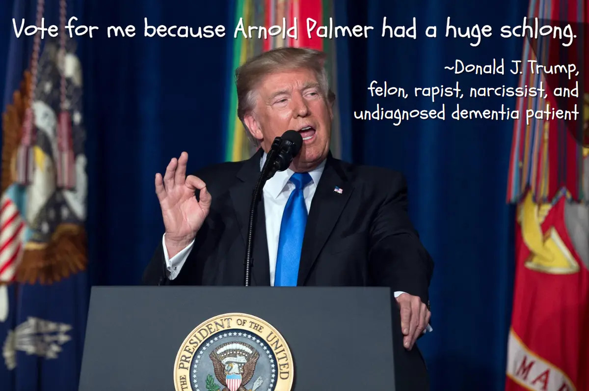 A photo of Donald Trump speaking at a podium with the Presidential Seal, gesturing with his right hand. Overlaid text reads…