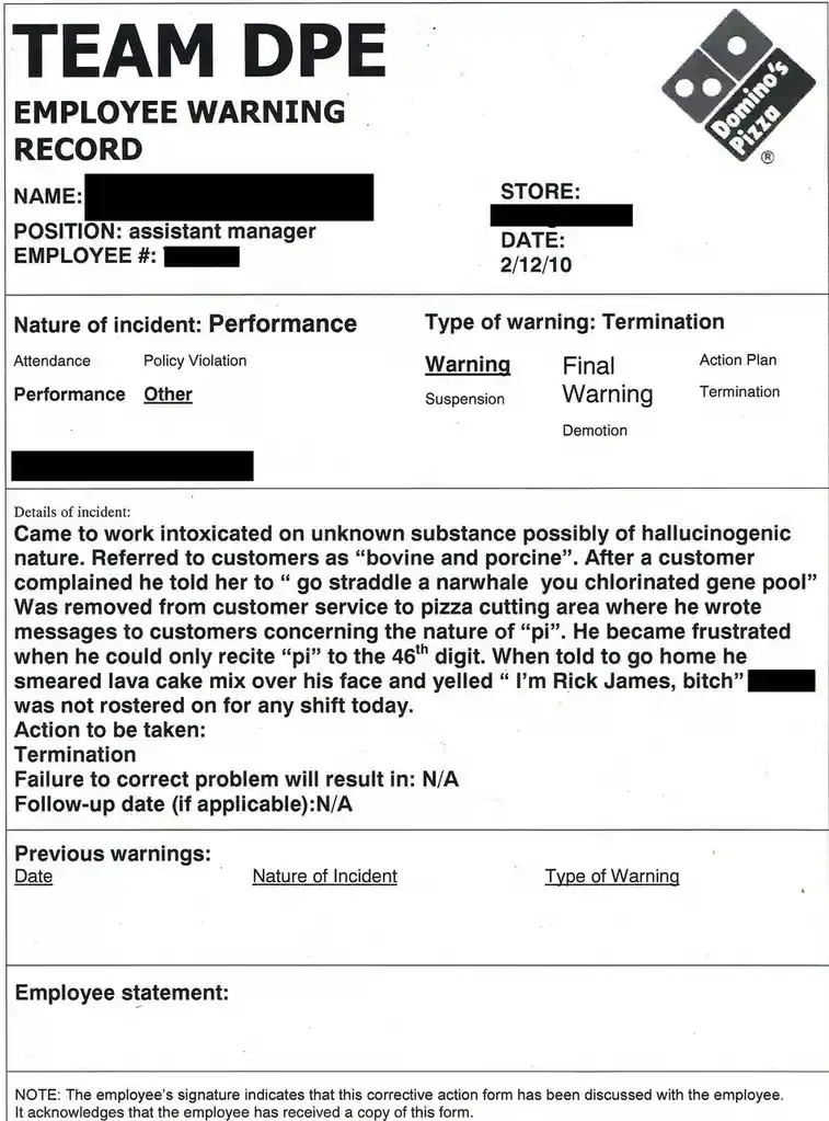 A Domino's Pizza employee warning record form dated 2/12/10, with the employee's name and store redacted, states the…