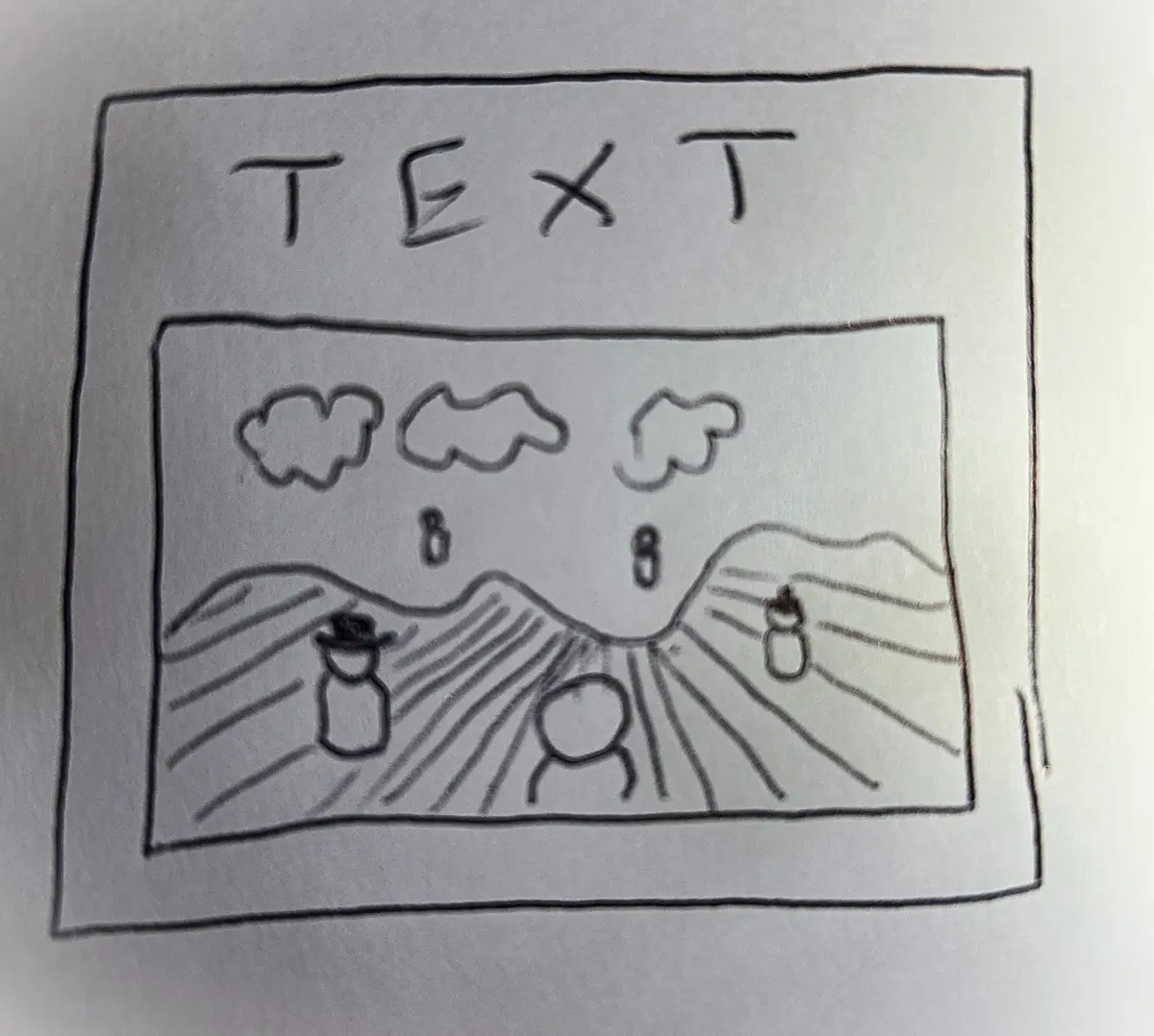 A hand-drawn, minimalist black-and-white sketch depicts a landscape scene framed within a rectangle. The scene shows three…