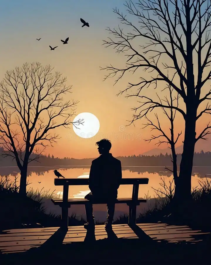 A silhouette of a person sitting alone on a wooden bench by a lake at sunset, with bare trees and birds flying overhead. The…