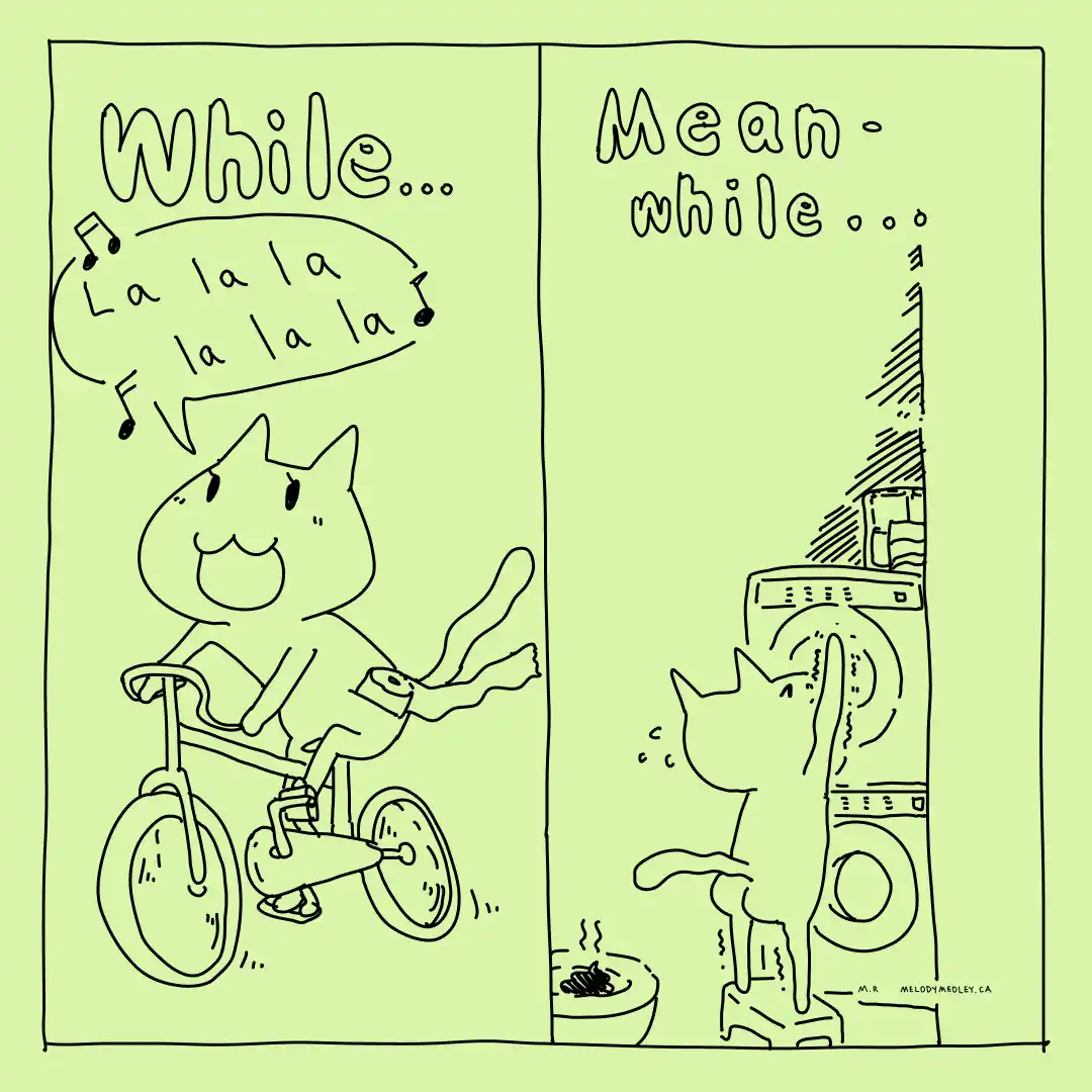 A two-panel comic strip with a light green background. The left panel shows a happy cartoon cat riding a tricycle while…