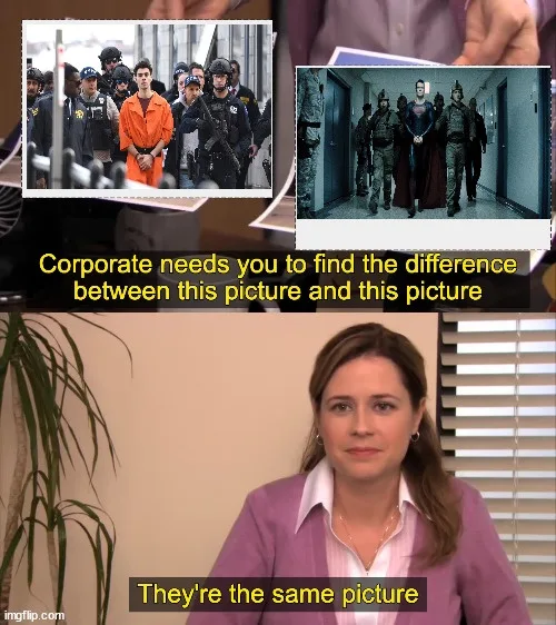 The image features a woman in a purple blazer looking at the viewer with a deadpan expression. Above her are two…