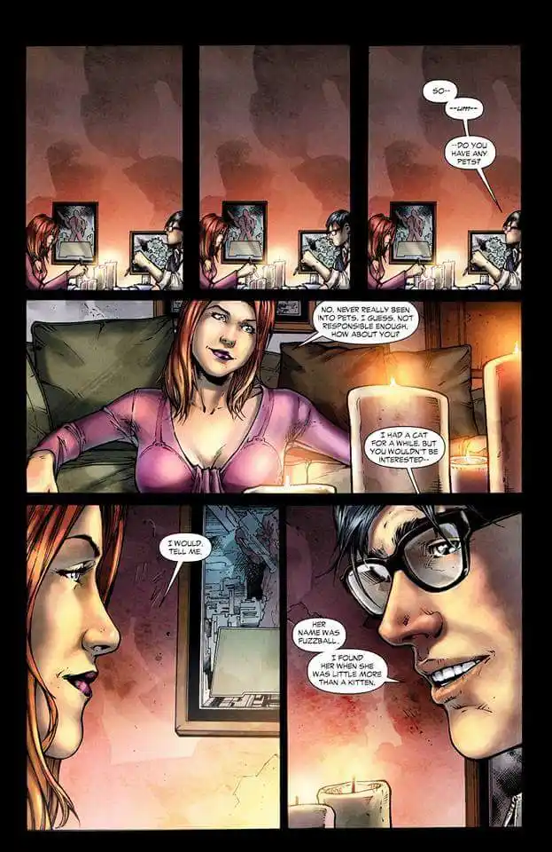A comic strip panel shows a woman declining to discuss pets, then a man enthusiastically sharing a story about his cat named…