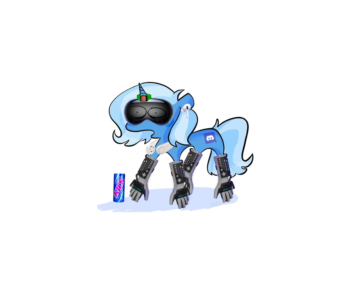 A cartoon blue pony with a unicorn horn, wearing VR goggles, AirPods, and gloves with game controllers attached to each…