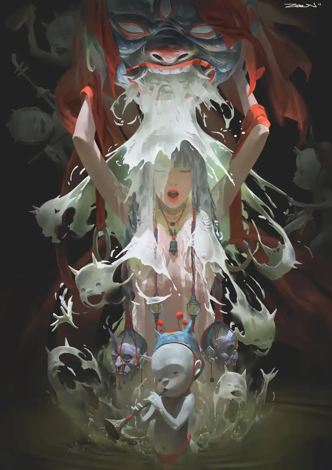 A surreal digital painting depicts a woman with her arms raised, surrounded by ghostly, smiling demonic figures and a large…
