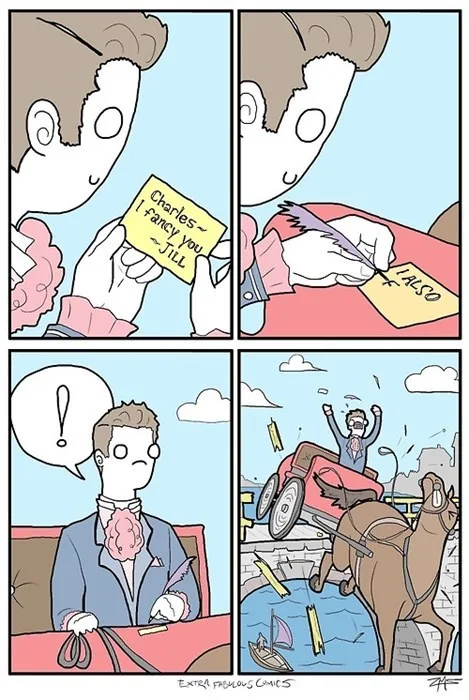 A four-panel comic shows a man reading a love note from 'Jill' that says 'Charles~ I fancy you ~JILL', then writing 'I ALSO'…