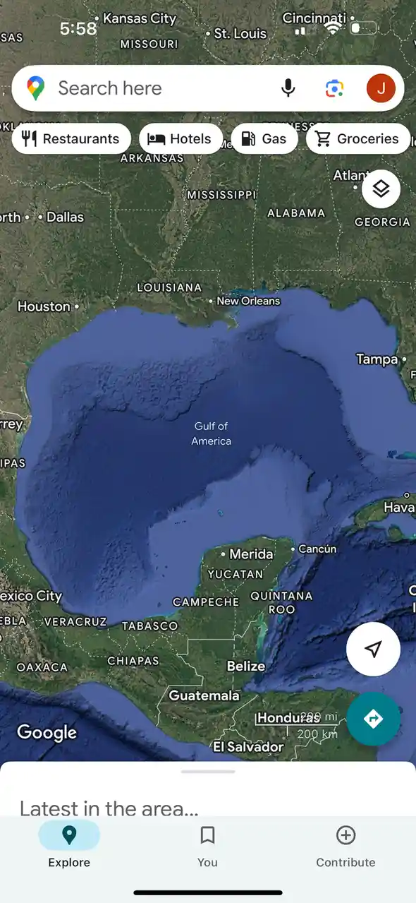 A screenshot of a Google Maps interface showing the Gulf of Mexico labeled as 'Gulf of America' with surrounding U.S. states…