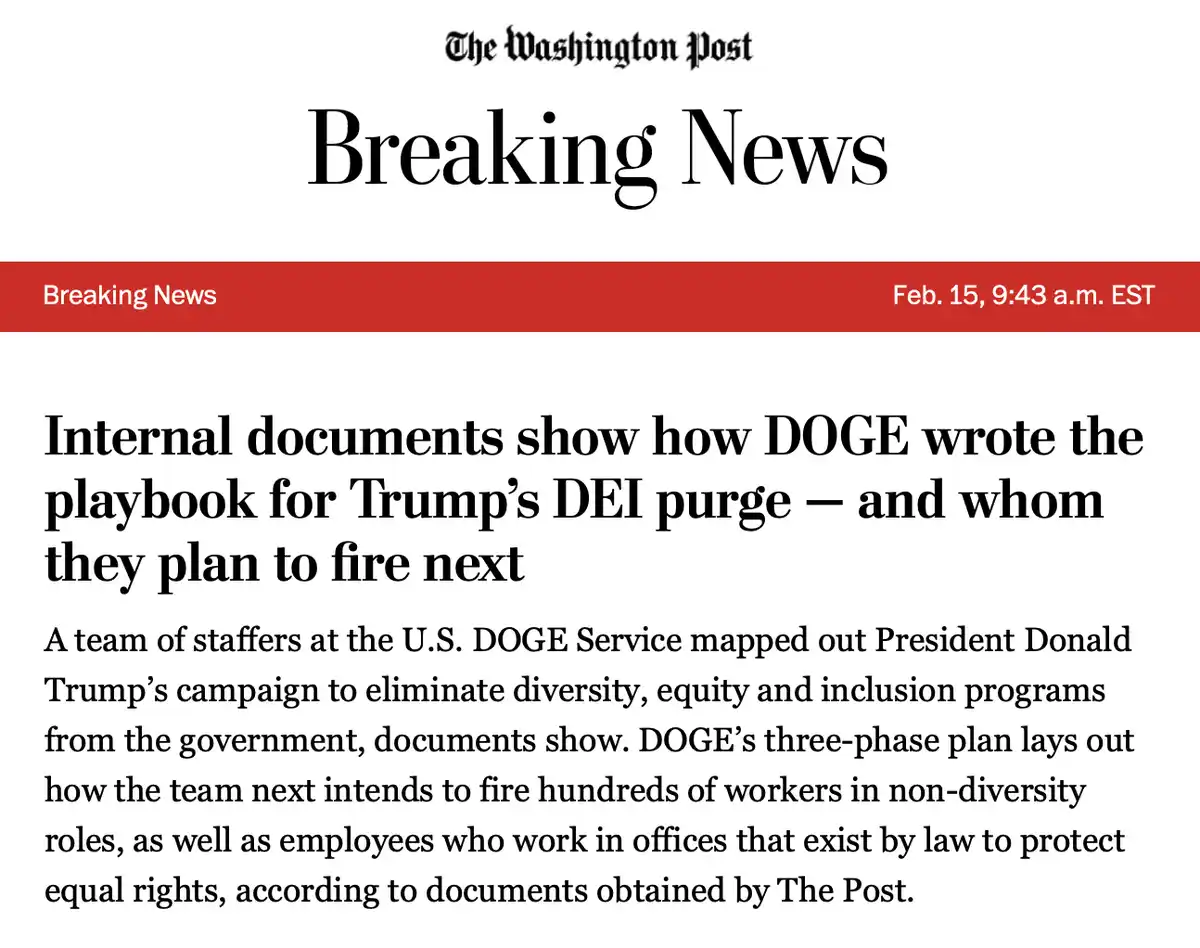 The image displays a mock Washington Post breaking news article dated Feb. 15, 9:43 a.m. EST, with a red banner and headline…