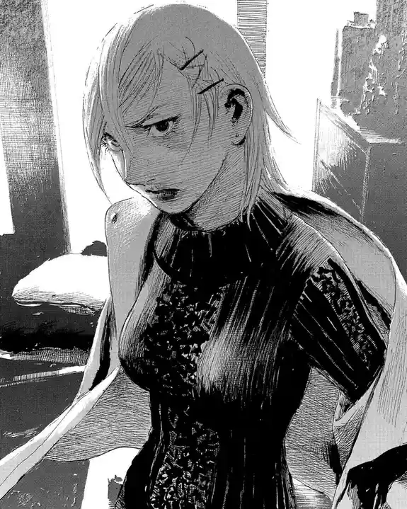 A black-and-white manga panel shows a woman with short blonde hair and visible scars on her forehead and shoulder, wearing a…