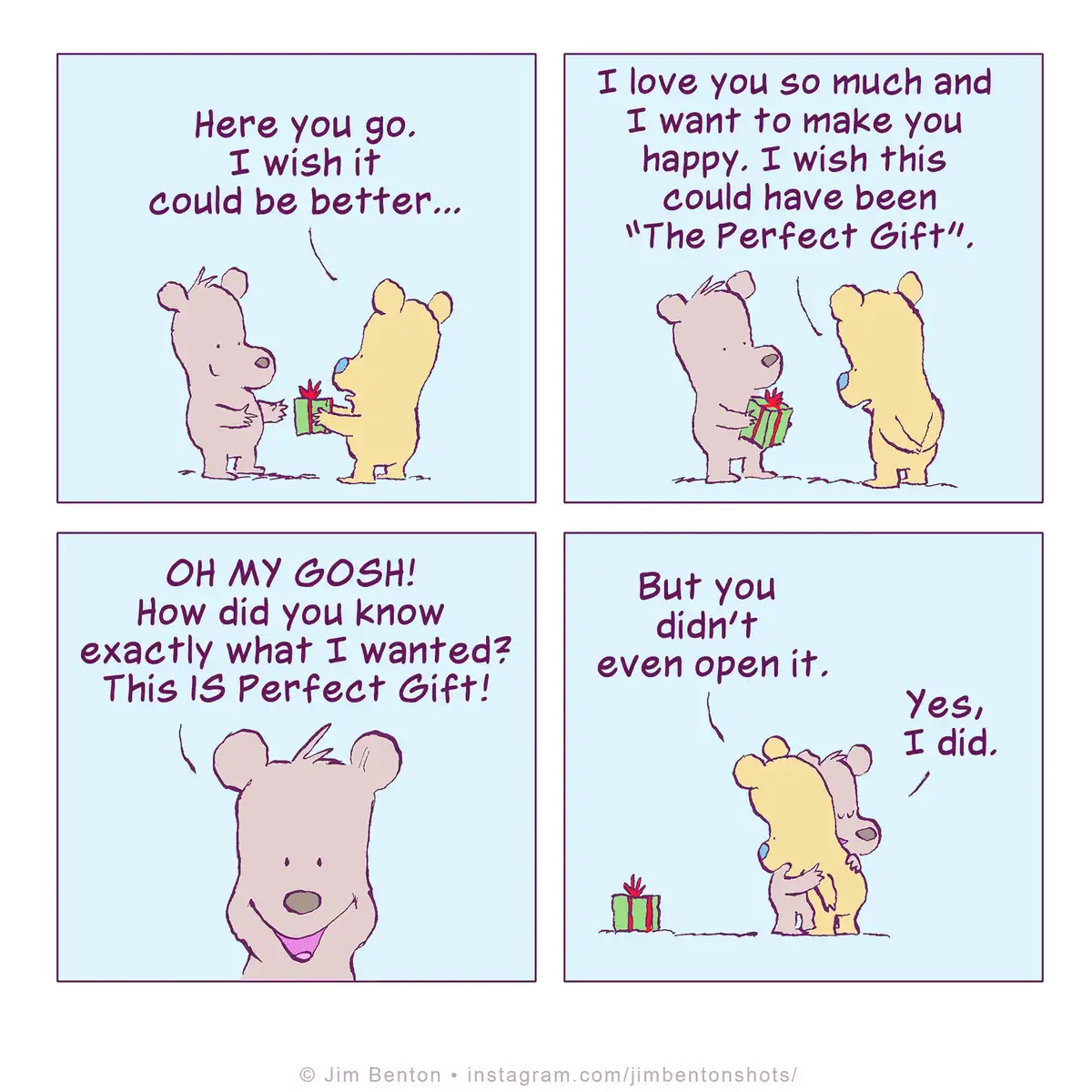 A four-panel comic strip featuring two cartoon bears. In the first panel, a yellow bear gives a green gift to a pink bear…