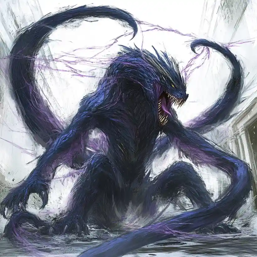 A dark, monstrous creature with blue-black fur, glowing yellow eyes, and multiple long tails is depicted in a dynamic…