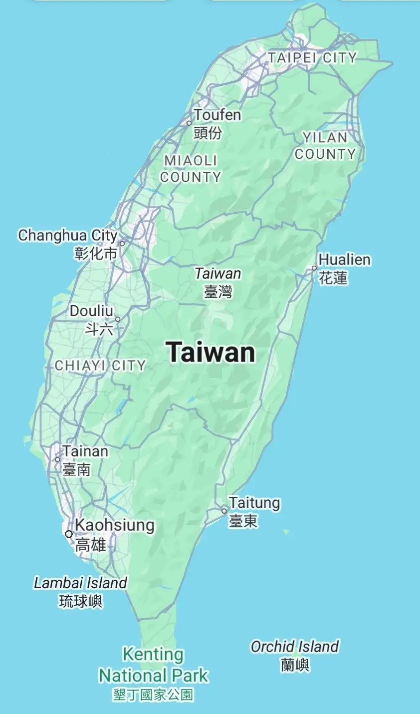 A green map of Taiwan with major cities and regions labeled in English and Chinese, including Taipei City, Kaohsiung…