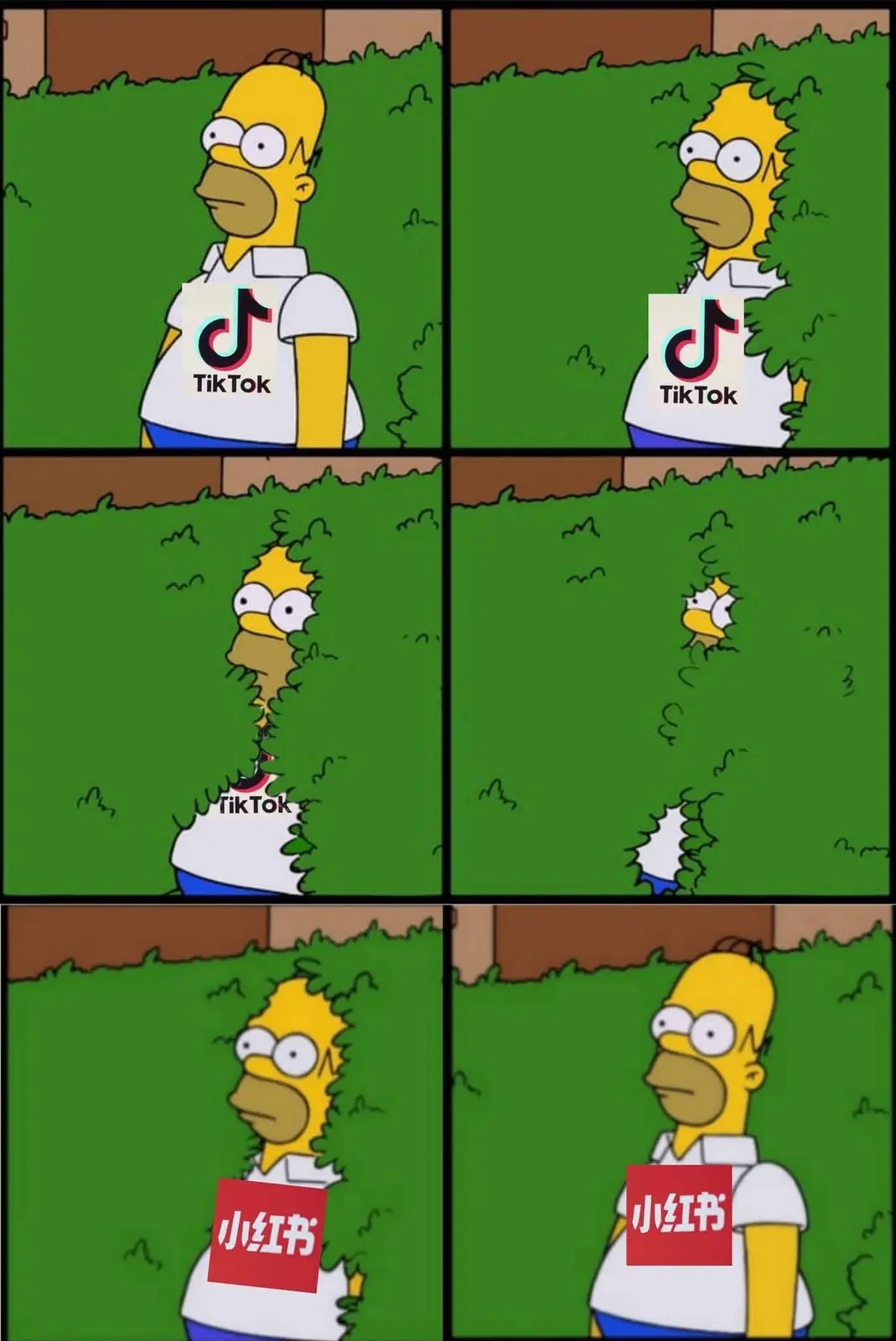 A four-panel comic strip featuring Homer Simpson from The Simpsons. In the first panel, he stands in front of a hedge with a…