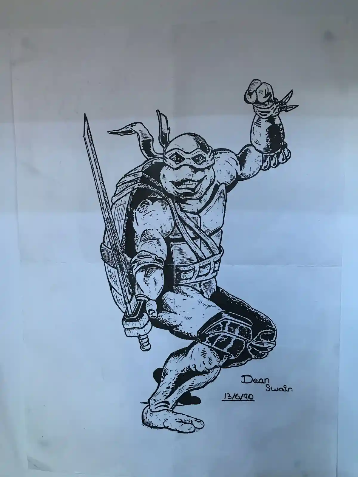 A black-and-white ink drawing of a muscular anthropomorphic turtle in a fighting stance, holding a sword in one hand and a…