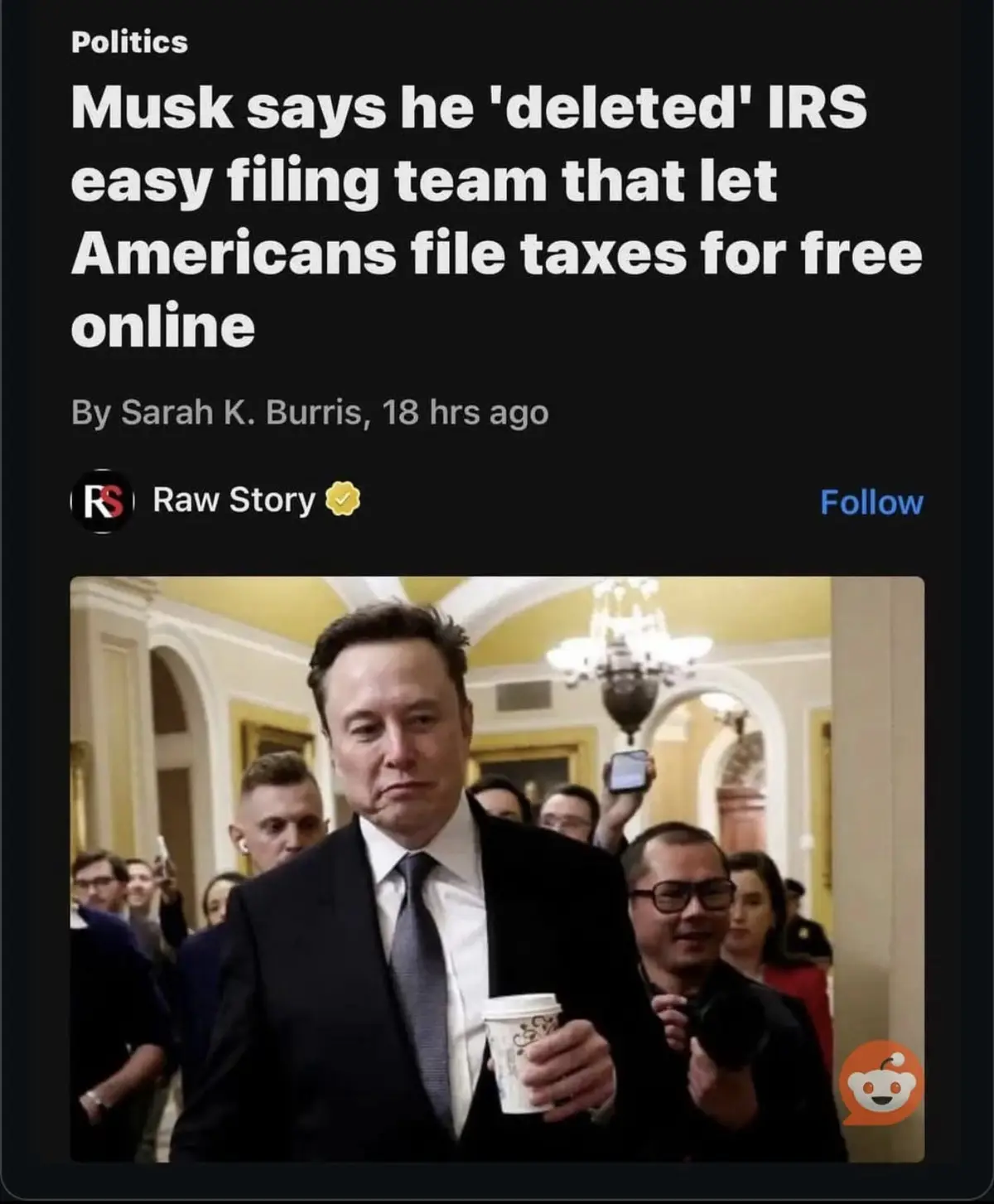 The image shows a screenshot of a news article from Raw Story with the headline 'Musk says he 'deleted' IRS easy filing team…