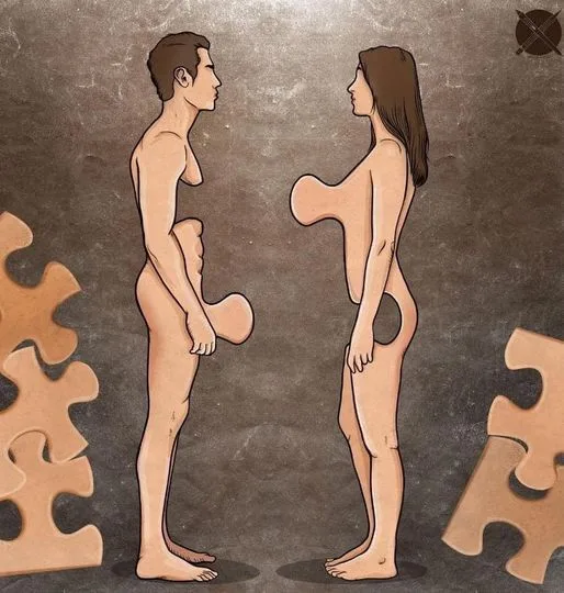 Two nude human figures, a man and a woman, stand facing each other with puzzle piece outlines cut out from their bodies…