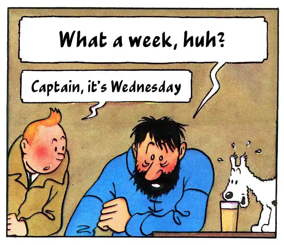 A cartoon depicts Tintin looking at Captain Haddock, who is slumped over a table with a weary expression. A white dog…