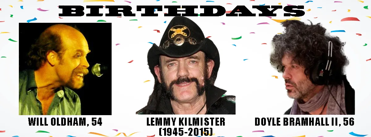 A celebratory birthday meme featuring three men: Will Oldham (54) singing into a mic, Lemmy Kilmister (1945-2015) in a black…