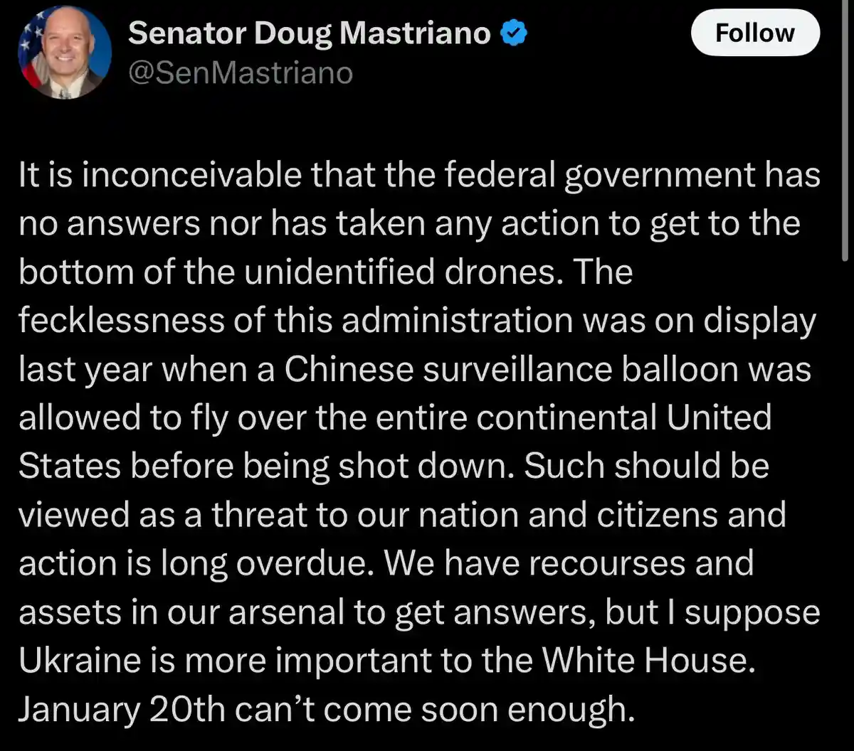 A screenshot of a tweet from Senator Doug Mastriano's verified Twitter account showing his full text post criticizing the…