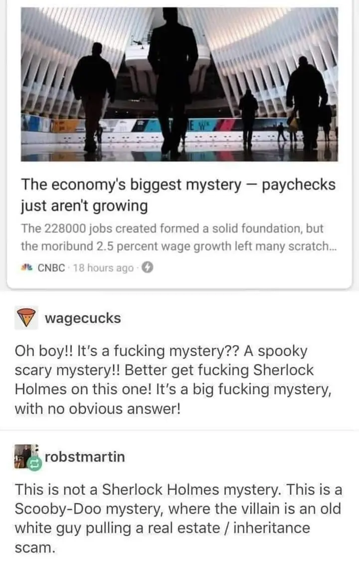 A screenshot of a CNBC article titled 'The economy's biggest mystery — paychecks just aren't growing' is shown, followed by…