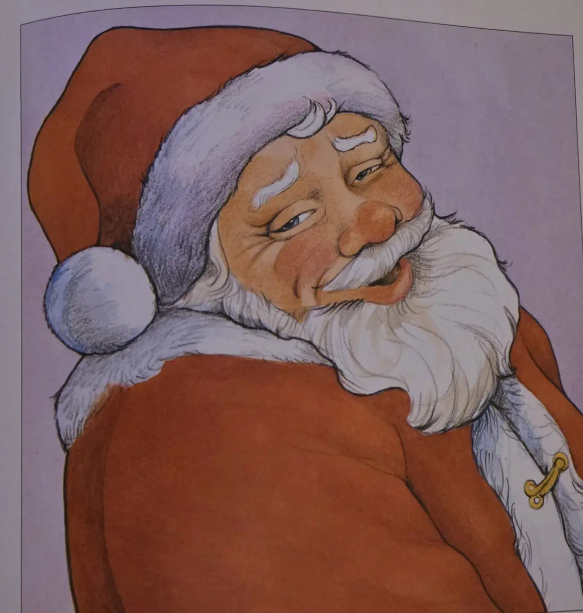A watercolor illustration of a tired-looking Santa Claus wearing his traditional red hat with white trim and a white…