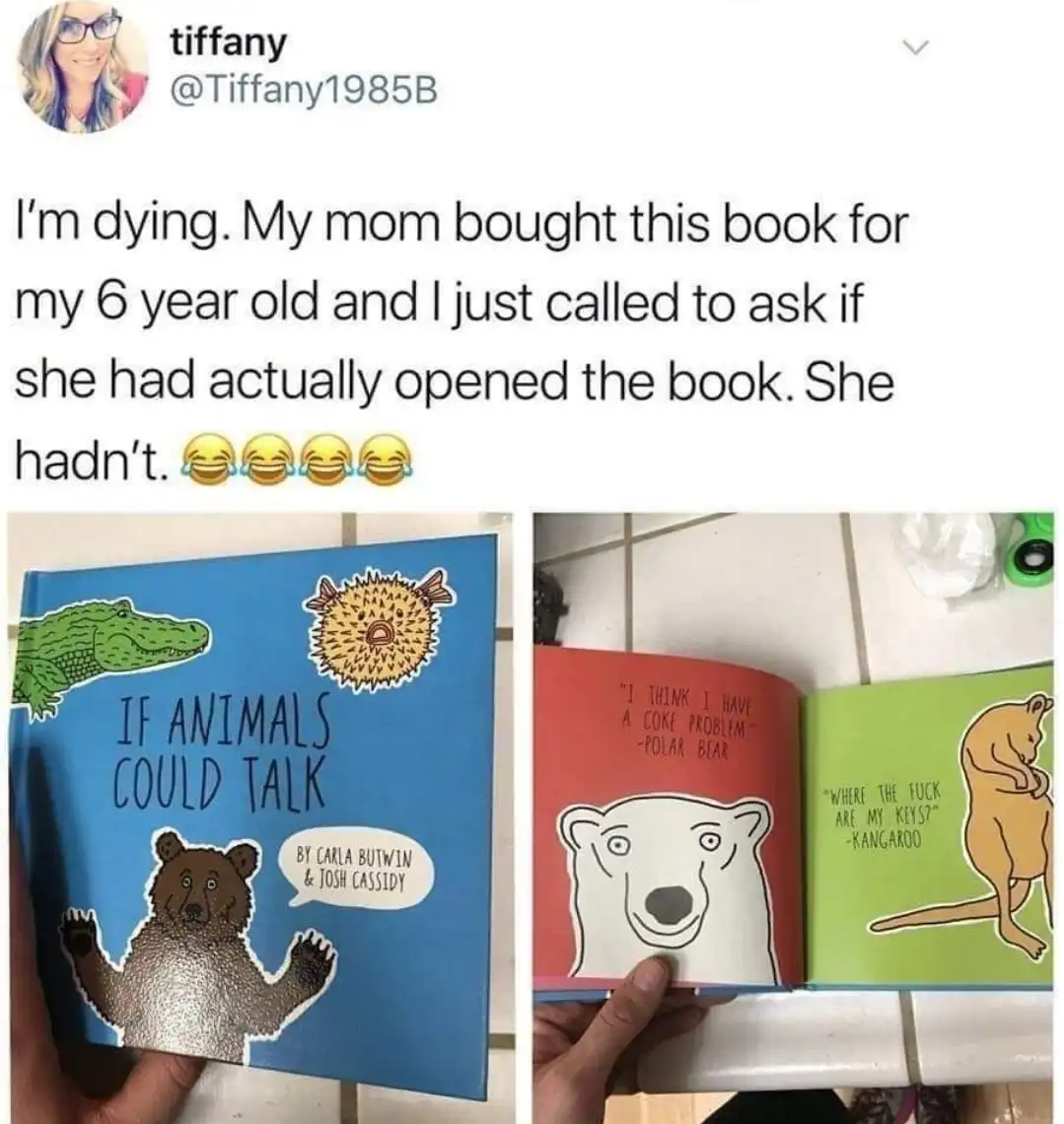 A split image shows the cover of a children's book titled 'If Animals Could Talk' featuring cartoon animals like a…