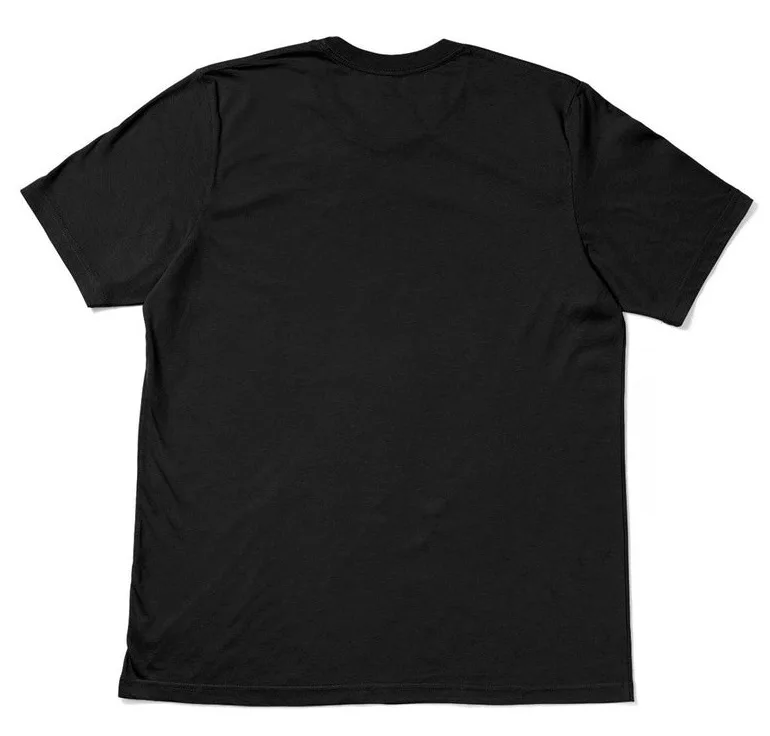 A plain black t-shirt is shown from the back, with no visible graphics or text on the fabric, against a white background…