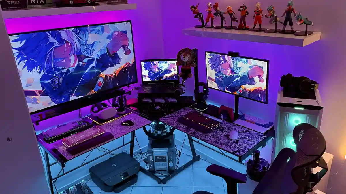 A highly customized gaming setup with three monitors displaying anime artwork, surrounded by RGB lighting, multiple…