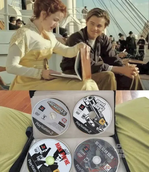 The top panel shows a scene from the movie Titanic where Rose and Jack are sitting on a ship deck, with Rose holding a book…