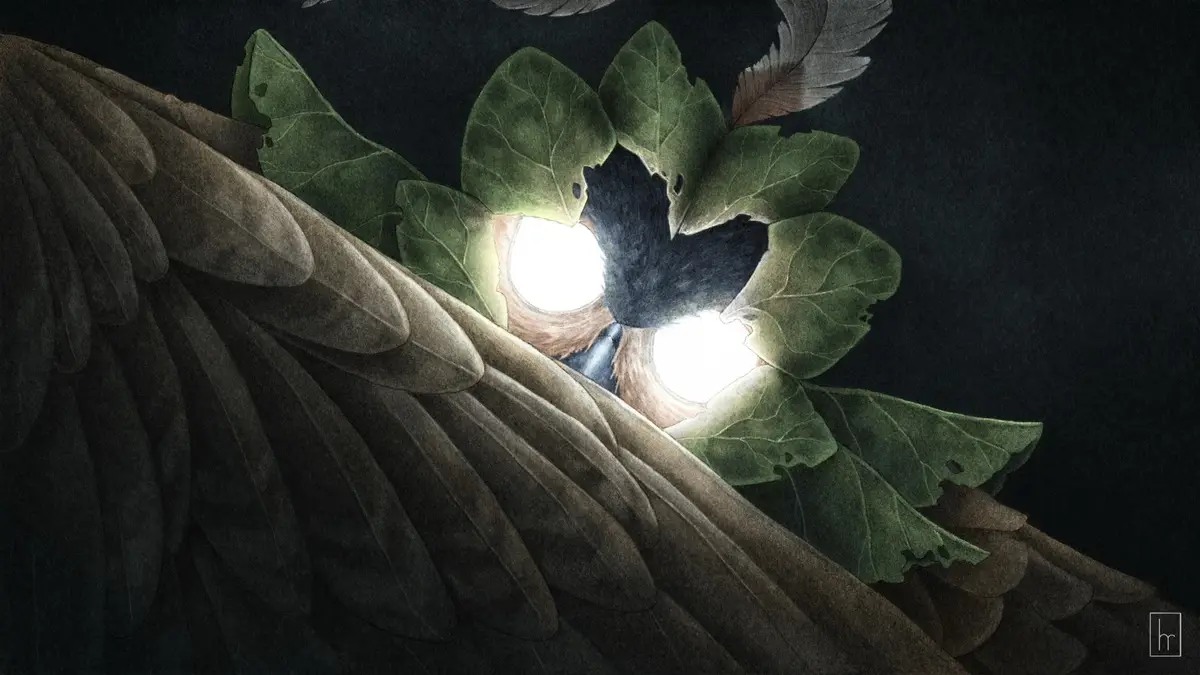 A dark, artistic illustration shows a bird's nest nestled within large, textured brown wings and green leaves, with two…