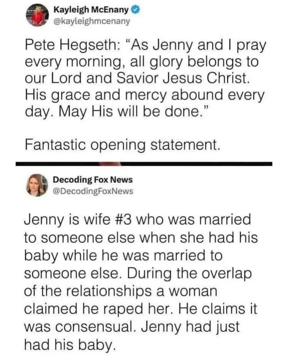 The image displays two Twitter posts. The first, from Kayleigh McEnany, quotes Pete Hegseth's religious statement and calls…