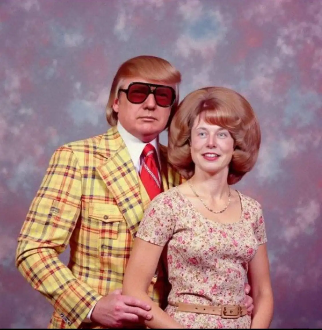 A vintage 1970s studio portrait shows a man with a distinctive blonde comb-over hairstyle and large dark sunglasses, wearing…