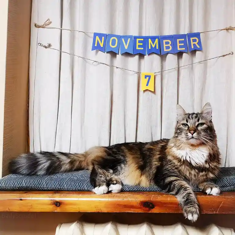 A fluffy tabby cat with green eyes lounges regally on a wooden shelf with a blue patterned cushion. Behind it, a blue banner…