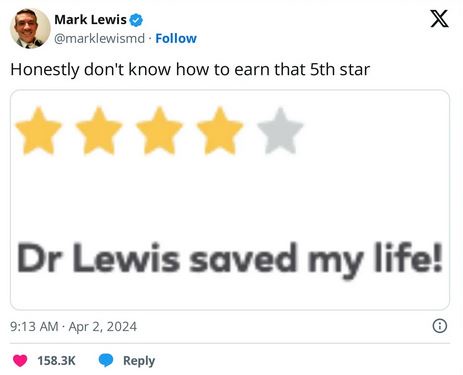 A screenshot of a tweet from Mark Lewis showing a 4-star rating with the text 'Dr Lewis saved my life!' overlaid. The…
