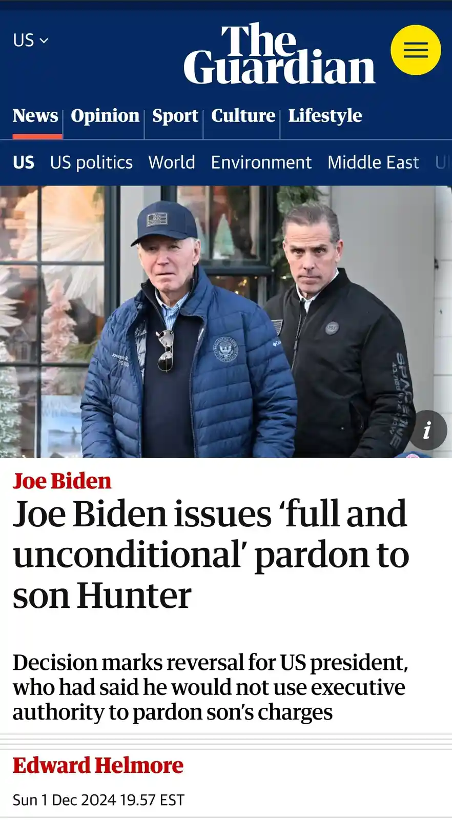 A screenshot of The Guardian's news article shows Joe Biden and another man standing outside. The headline reads 'Joe Biden…