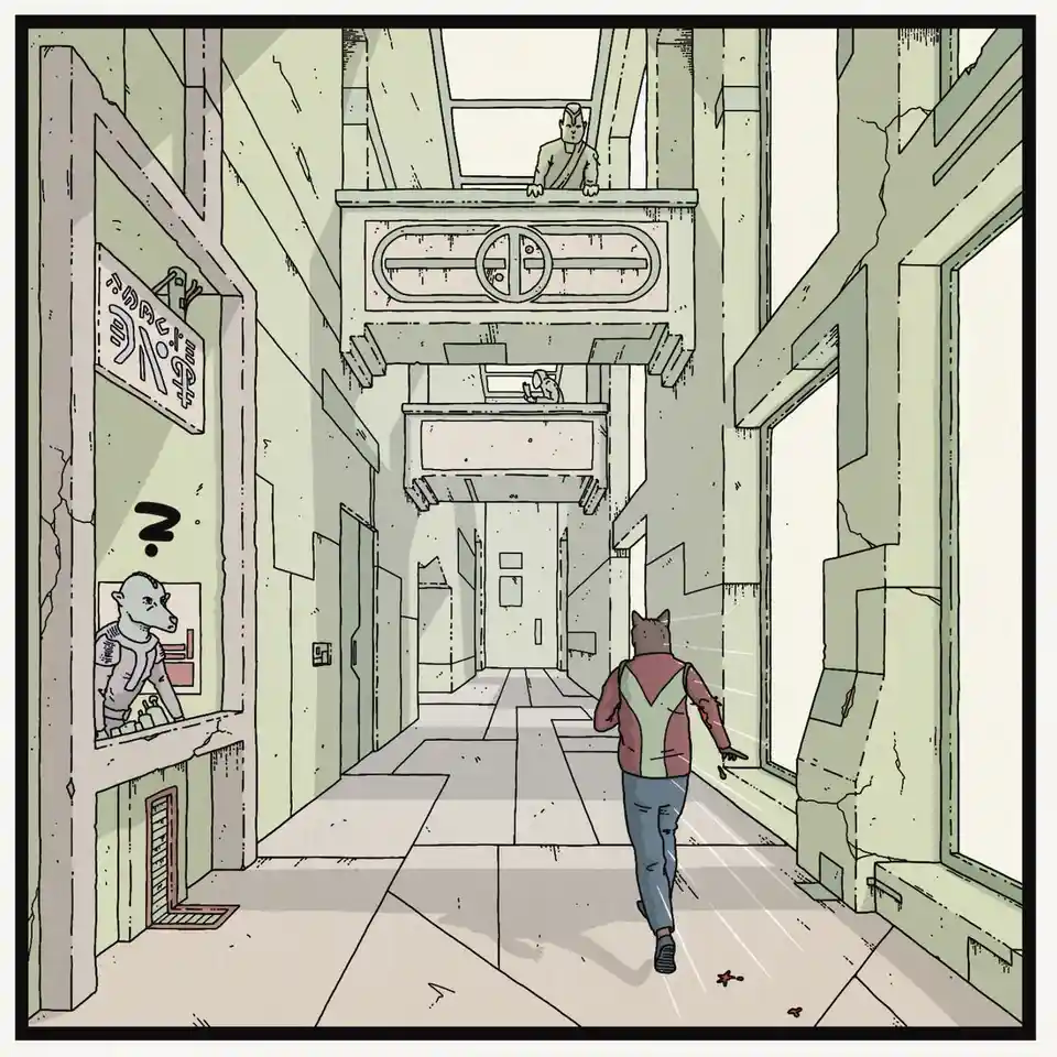 A cartoon depicts a cat-headed person walking down a long, empty, and slightly dilapidated hallway. Above them, a figure in…