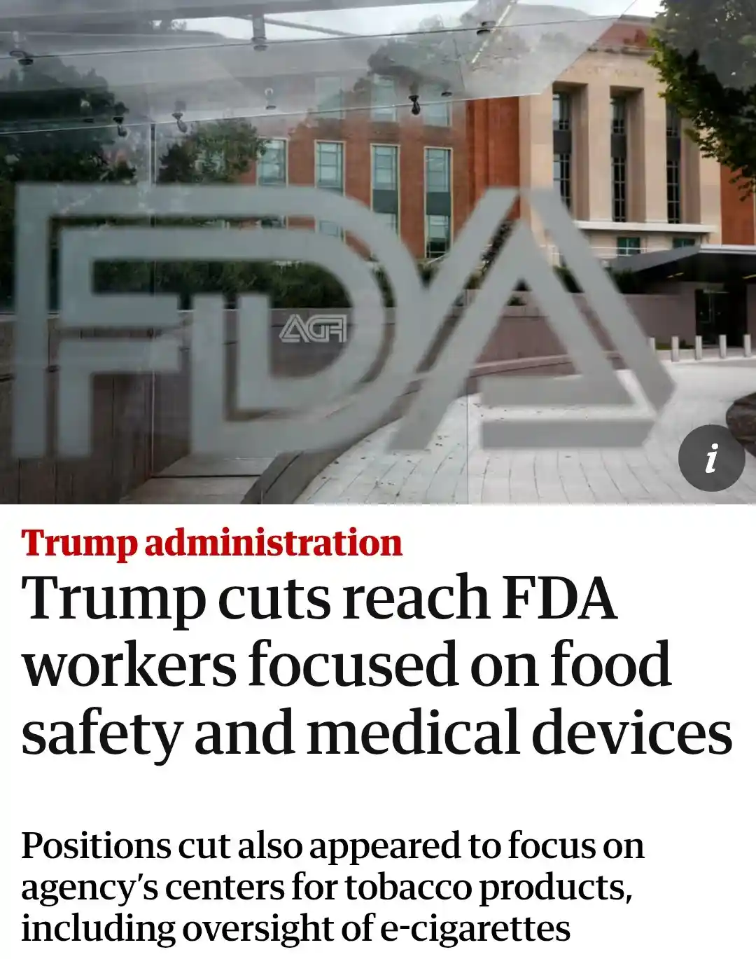 The image shows a glass facade with a large, faded FDA logo reflecting a building. Below, a news-style headline in red and…