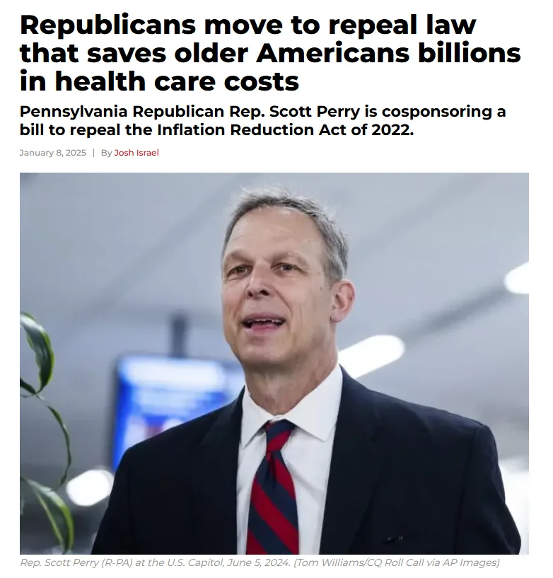 A news article screenshot shows a photo of Rep. Scott Perry smiling while wearing a dark suit and red-striped tie. The…