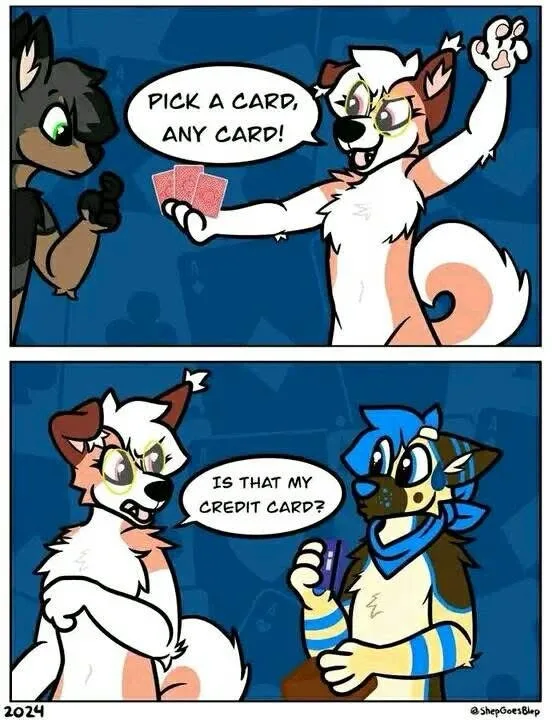 Two-panel comic featuring anthropomorphic foxes. In the top panel, a white and orange fox with glasses enthusiastically…