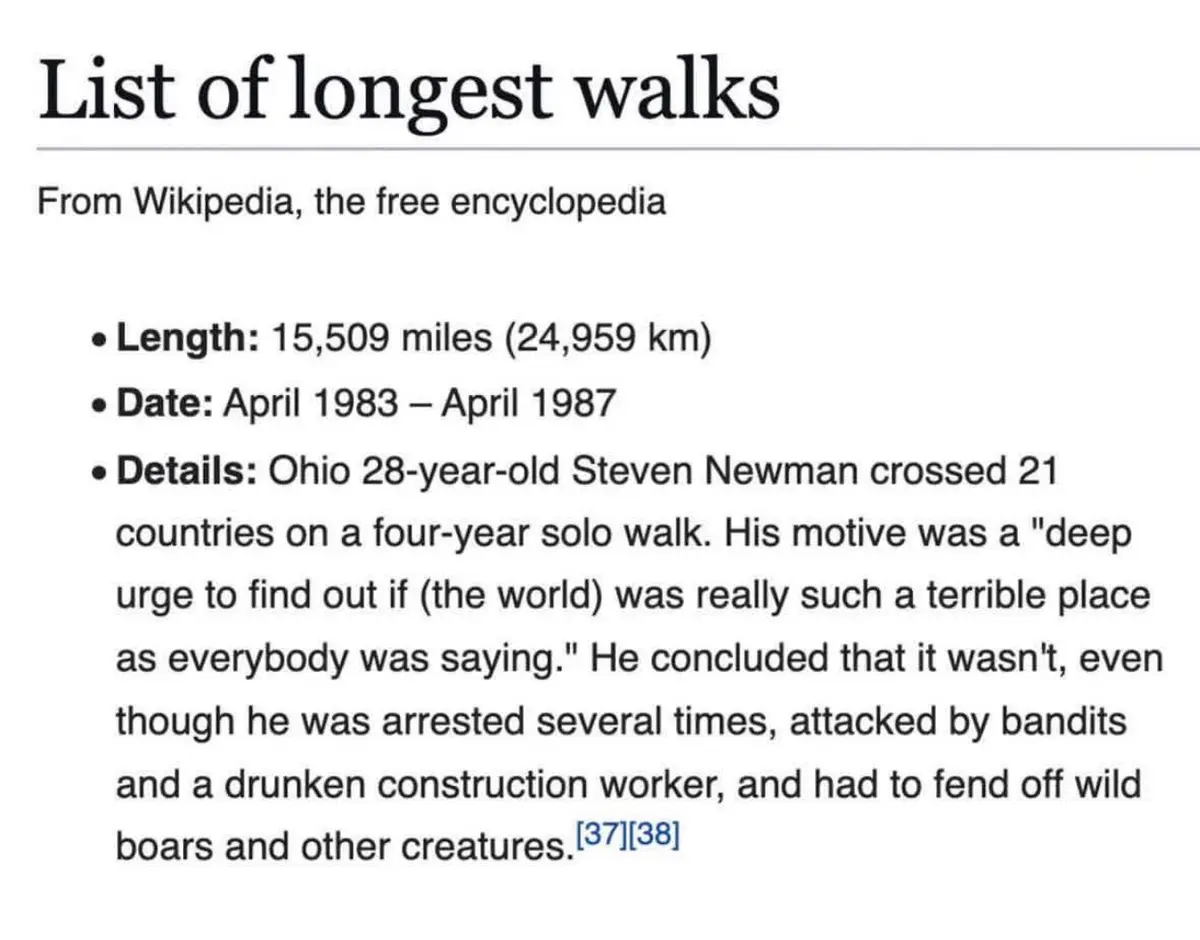 The image displays a Wikipedia article snippet titled 'List of longest walks,' detailing Steven Newman's 15,509-mile solo…