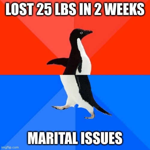 A penguin stands against a red and blue background, with the text 'LOST 25 LBS IN 2 WEEKS' at the top and 'MARITAL ISSUES'…