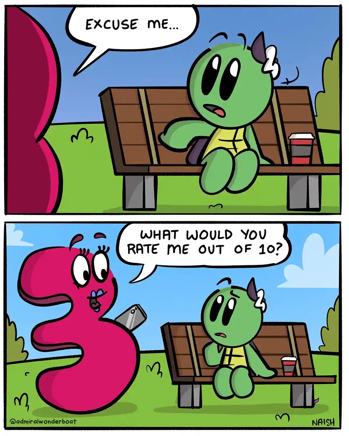 A two-panel comic shows a green, turtle-like character with small horns sitting on a park bench. In the first panel, they…