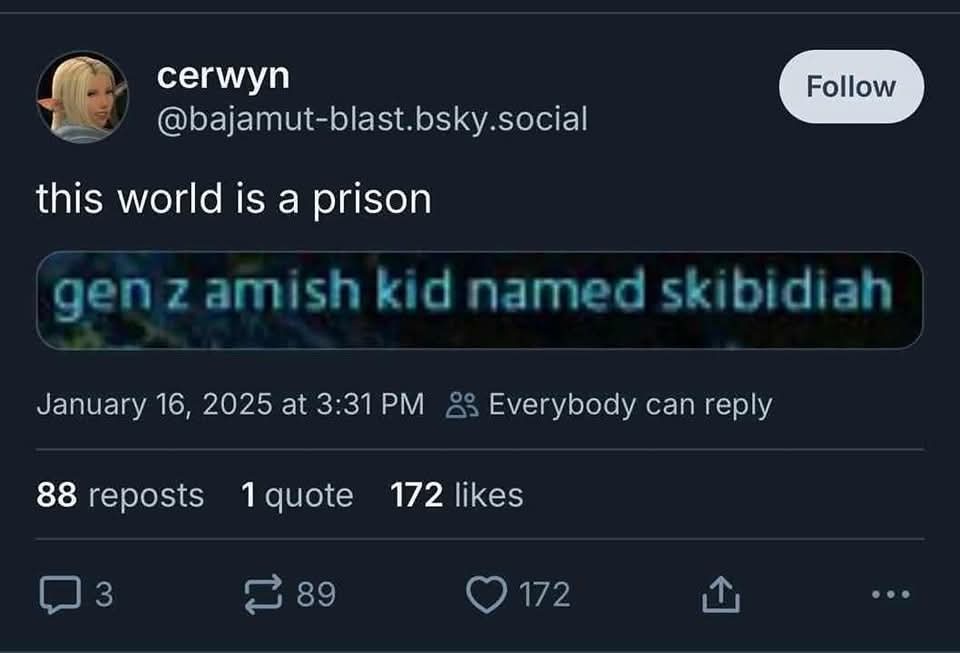A screenshot of a social media post by user 'cerwyn' with the text 'this world is a prison' above a blurred image overlayed…