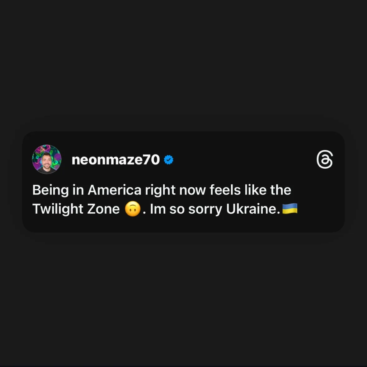 A screenshot of a social media post by user 'neonmaze70' with a blue verification checkmark. The post reads: 'Being in…