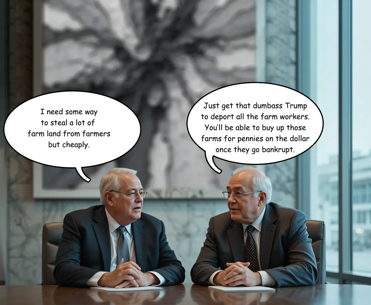Two men in suits sit at a conference table in an office, each with a speech bubble. The man on the left says, 'I need some…