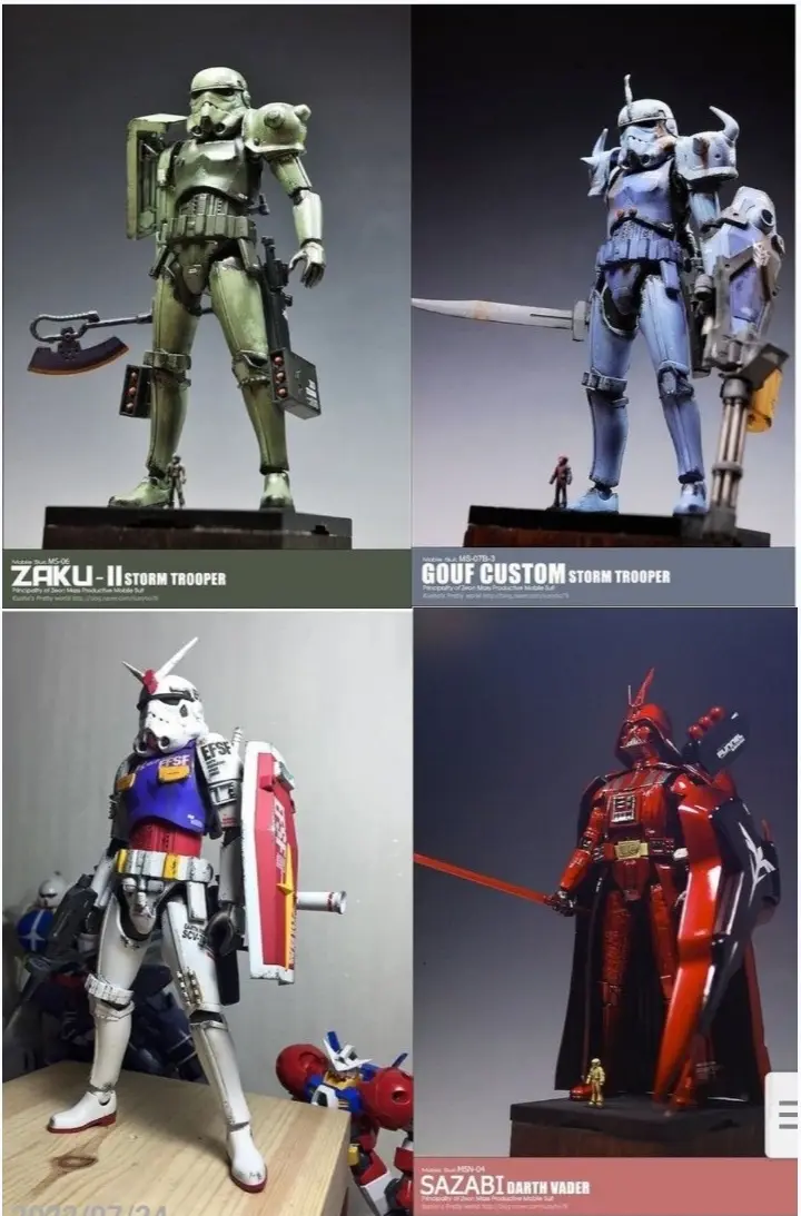 Four custom model figures are displayed, each a stormtrooper or similar character reimagined with distinct mecha-inspired…