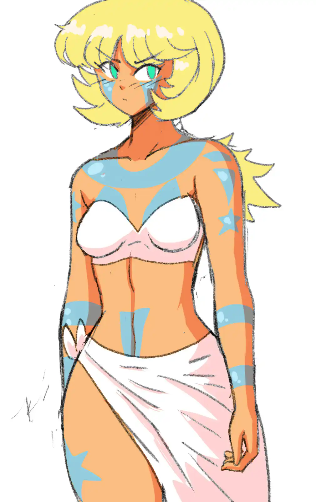A digital drawing of a blonde anime-style female character with green eyes, wearing a blue and pink outfit with star…